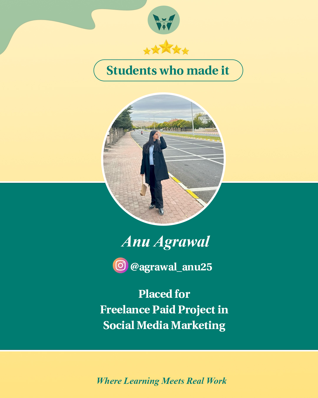 Anu Agrawal, placed for a paid social media marketing project through Wabbithire