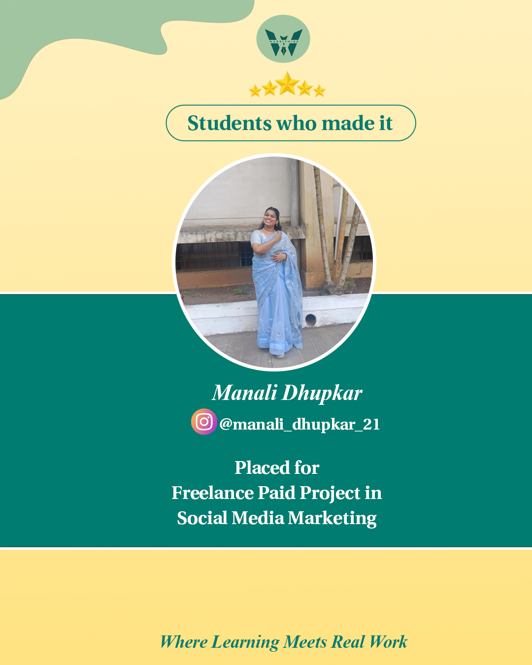Manali Dhupkar, placed for a paid social media marketing project through Wabbithire