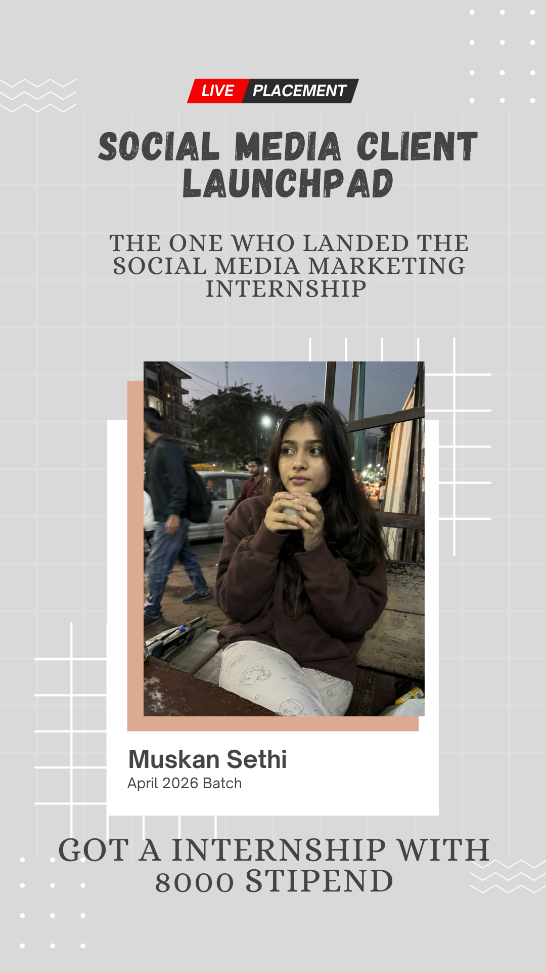Muskan Sethi, placed for a paid social media marketing project through Wabbithire
