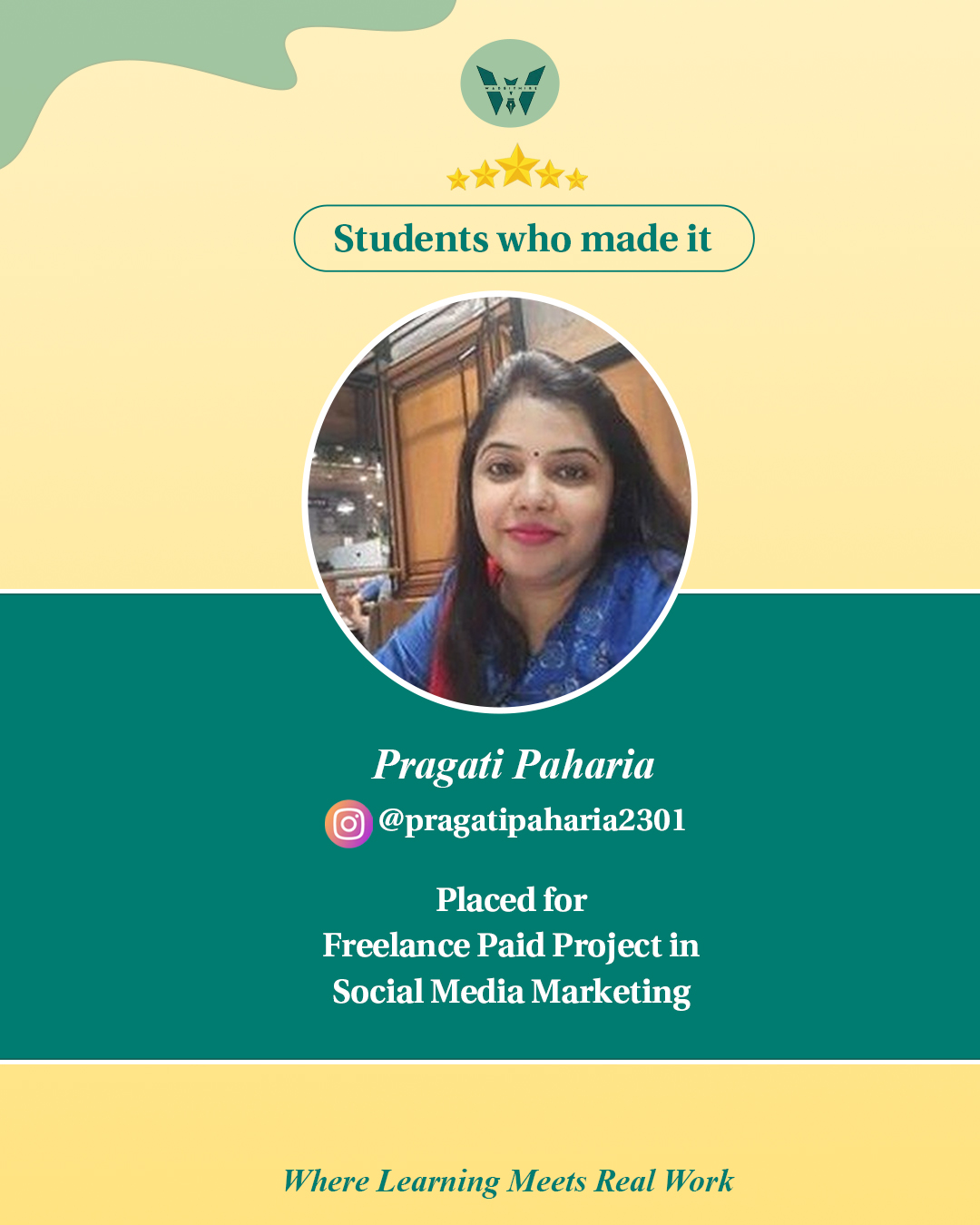 Pragati Paharia, placed for a paid social media marketing project through Wabbithire