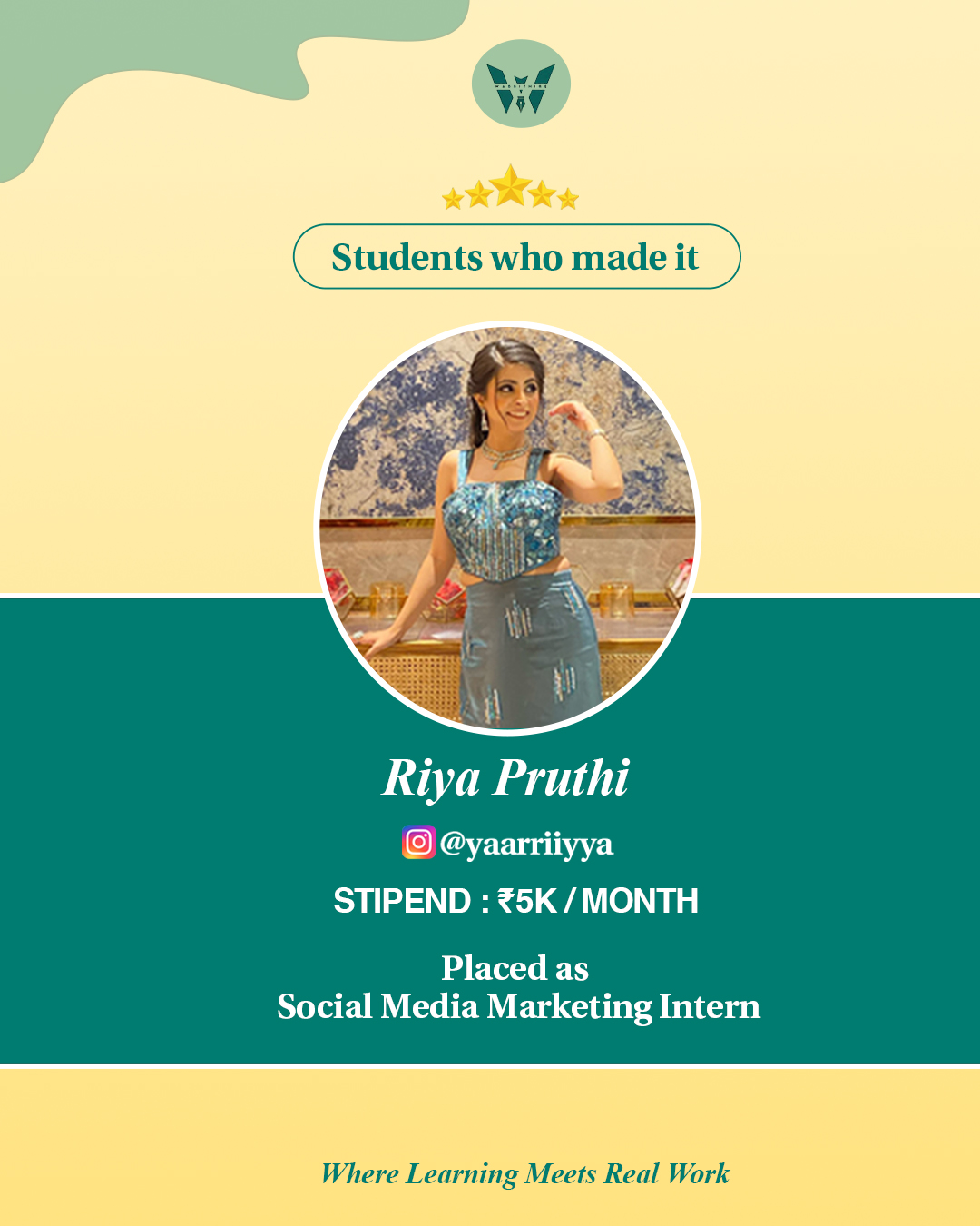 Riya Pruthi, placed for a paid social media marketing project through Wabbithire