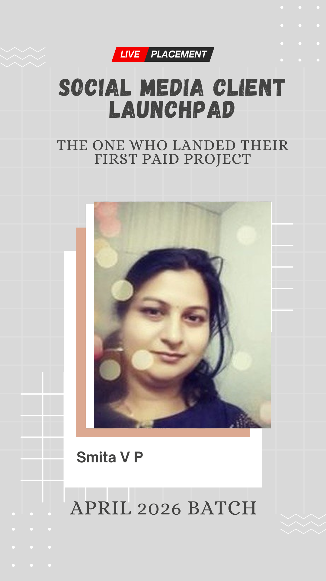 Smita V P, placed for a paid social media marketing project through Wabbithire